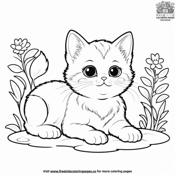 Kitten relaxing among flowers coloring pages