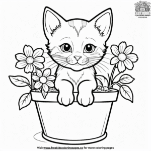 Kitten in flower pot coloring pages