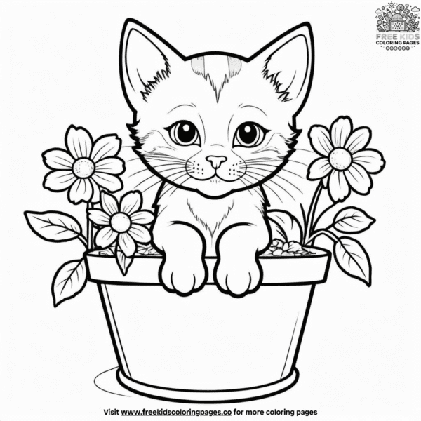 Kitten in flower pot coloring pages