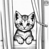 Kitten Peeking from Curtain Coloring Pages