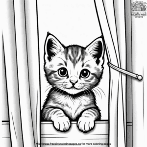 Kitten peeking from curtain coloring pages