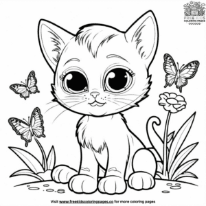 Kitten playing with butterfly coloring pages