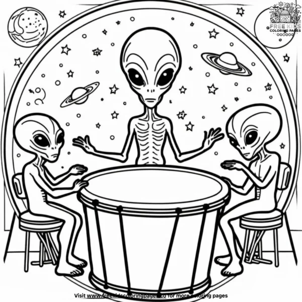 Alien drum circle coloring pages