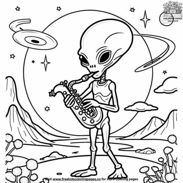 Alien saxophone player coloring pages