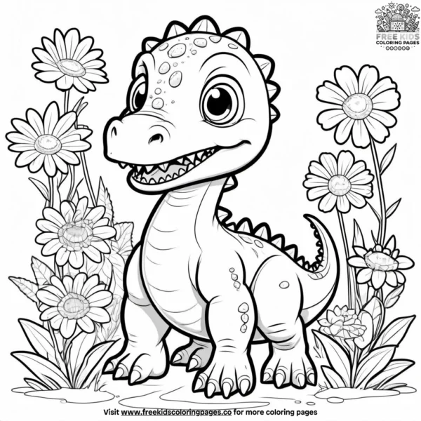 Baby dinosaur and flowers coloring pages