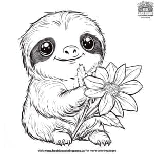 Baby sloth holding a flower coloring pages