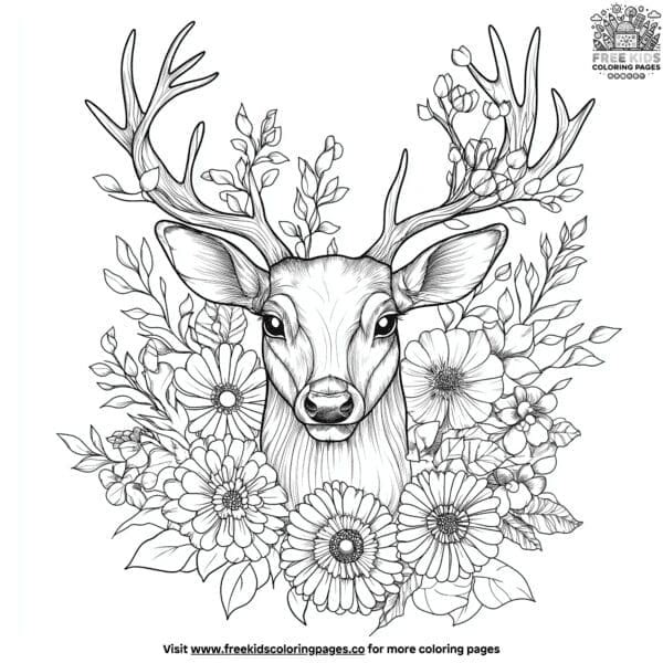 Deer head with floral design coloring pages