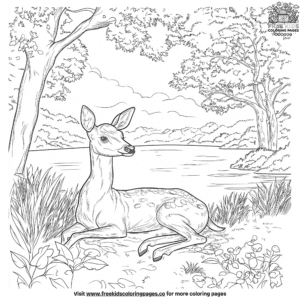 Deer relaxing by a pond coloring pages