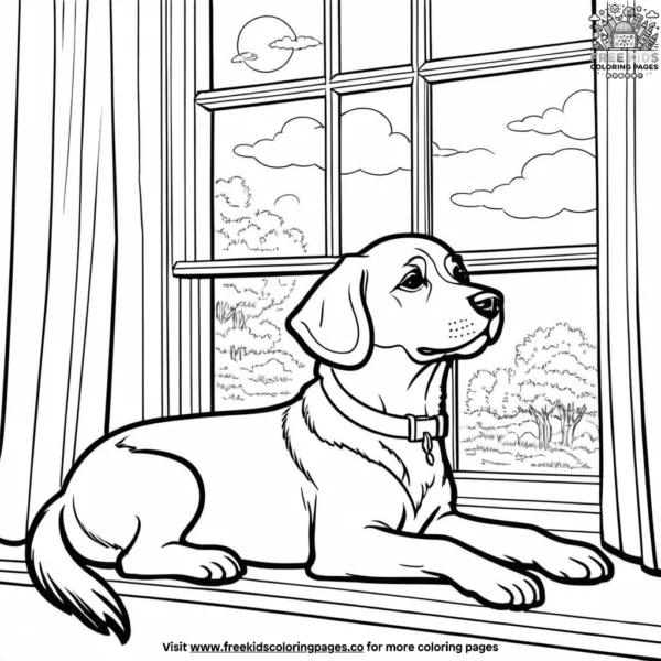 Dog dreaming by the window coloring pages