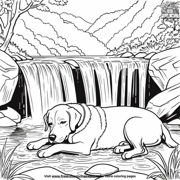 Dog napping by a waterfall coloring pages