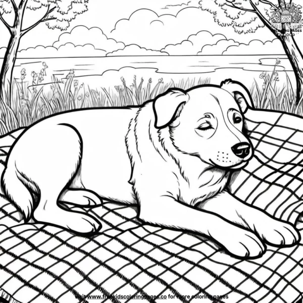 Dog sleeping on a picnic blanket coloring pages