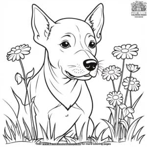 Dog sniffing flowers coloring pages