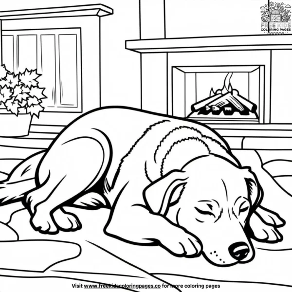 Dog snoozing by the fireplace coloring pages