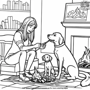 Dog and Owner Sitting by the Fire Coloring Pages