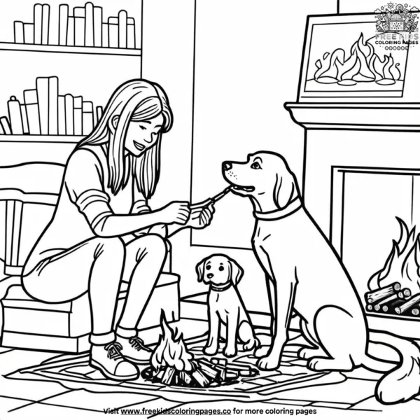 Dog and owner sitting by the fire coloring pages