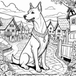 Dog in a fantasy village coloring pages