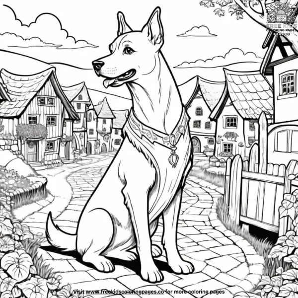 Dog in a fantasy village coloring pages