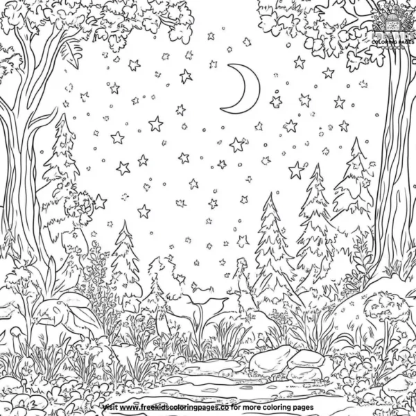 Enchanted forest night sky coloring pages