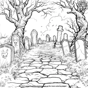 Haunted cemetery path coloring pages