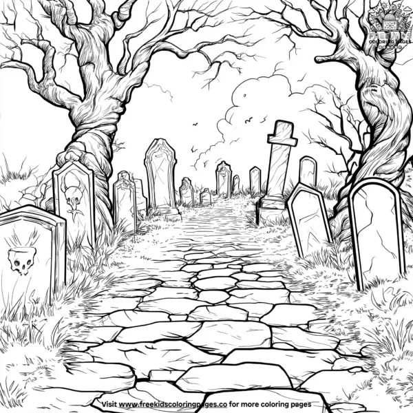 Haunted cemetery path coloring pages