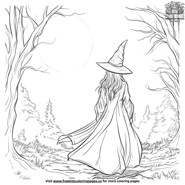 Moonlit forest witch coloring pages