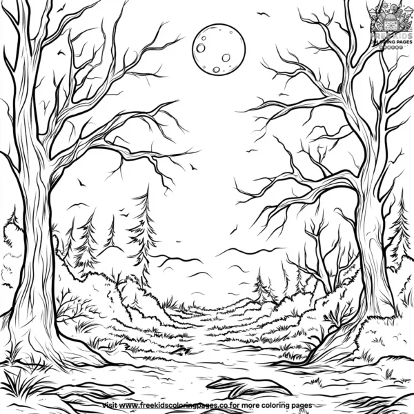 Moonlit spooky forest coloring pages