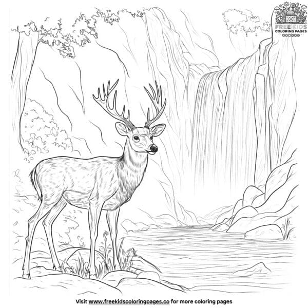 Mule deer near a waterfall coloring pages