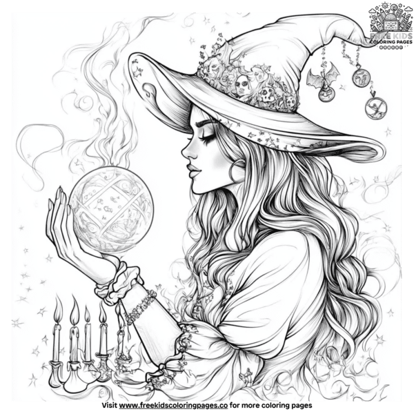 Mysterious crystal ball witch coloring pages