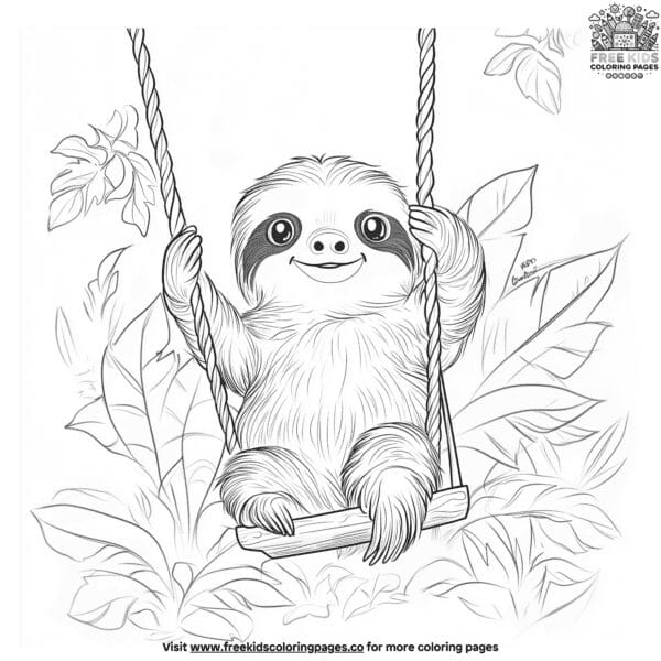 Playful sloth on a swing coloring pages