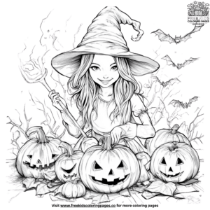 Pumpkin carving witch coloring pages