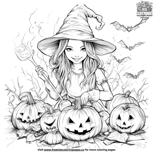 Pumpkin carving witch coloring pages