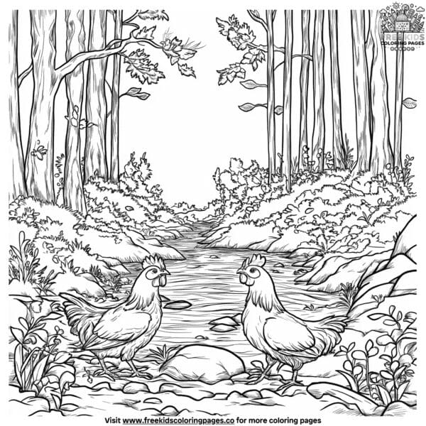 Woodland chicken adventure coloring pages