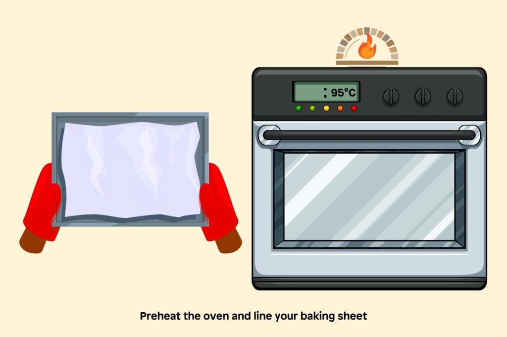 1 preheat the oven to 200°f (95°c) and line a baking sheet with parchment paper