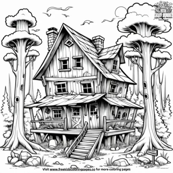 Abandoned cabin deep in the woods coloring pages