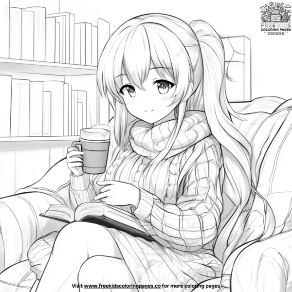 Anime girl in a cozy setting coloring pages