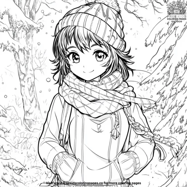 Anime girl in a winter wonderland coloring pages