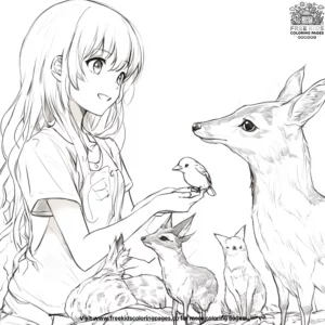 Anime girl with animals coloring pages