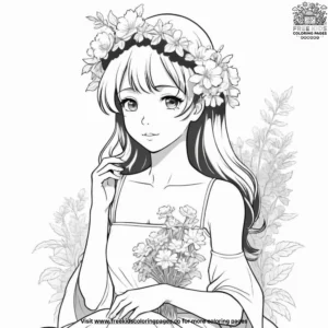 Anime girl with flowers coloring pages