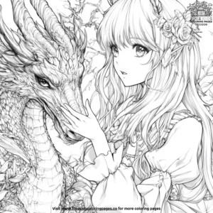 Anime Girl with Magical Creatures Coloring Pages