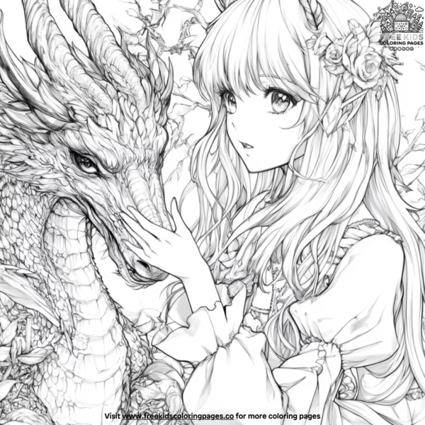 Anime girl with magical creatures coloring pages