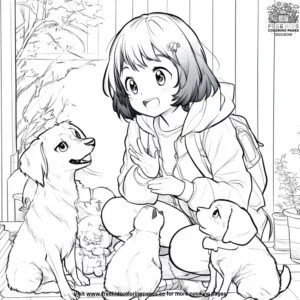 Anime Girl with Pets Coloring Pages