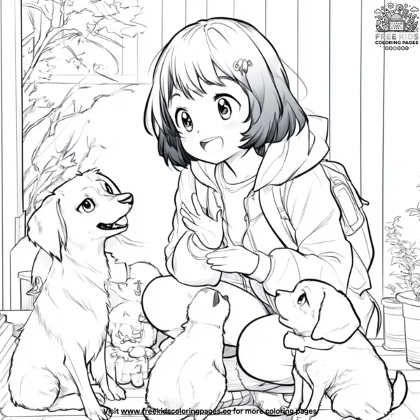 Anime girl with pets coloring pages