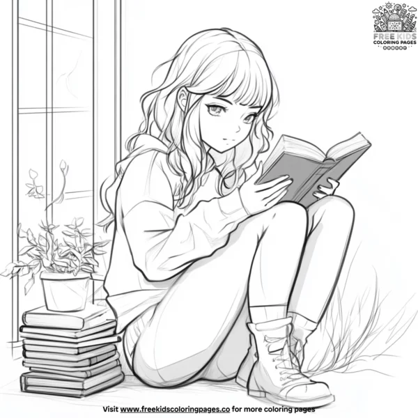 Anime girl with a book coloring pages