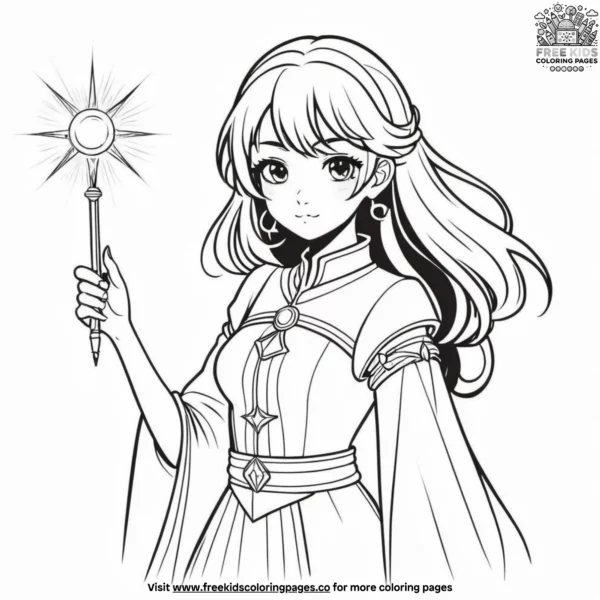 Anime girl with a magical wand coloring pages