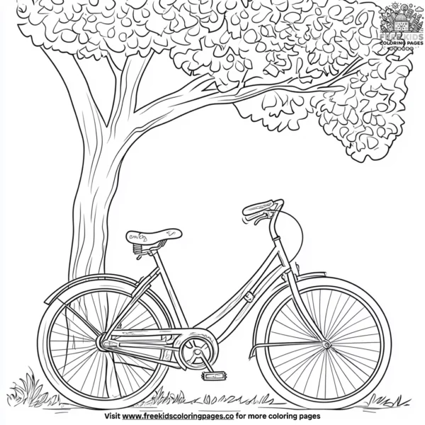 Bicycle parked by a tree coloring pages