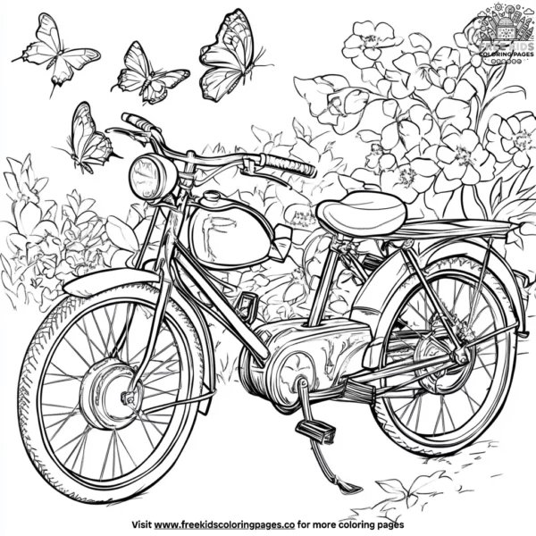 Bicycle with butterflies in a garden coloring pages