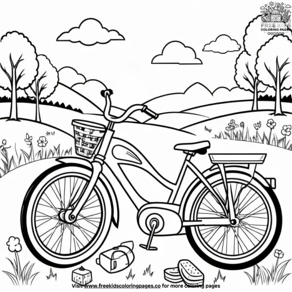 Bicycle with picnic in a meadow coloring pages