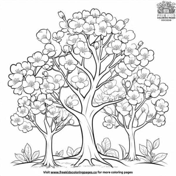 Blossoming trees in spring coloring pages