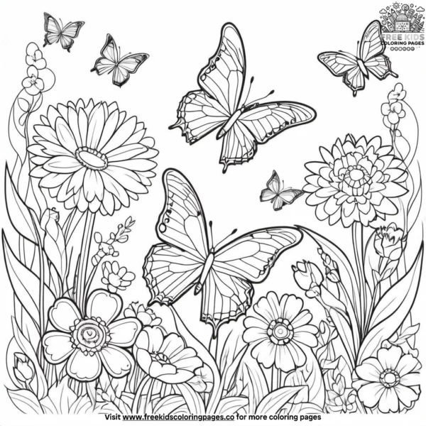 Butterflies with spring flowers coloring pages