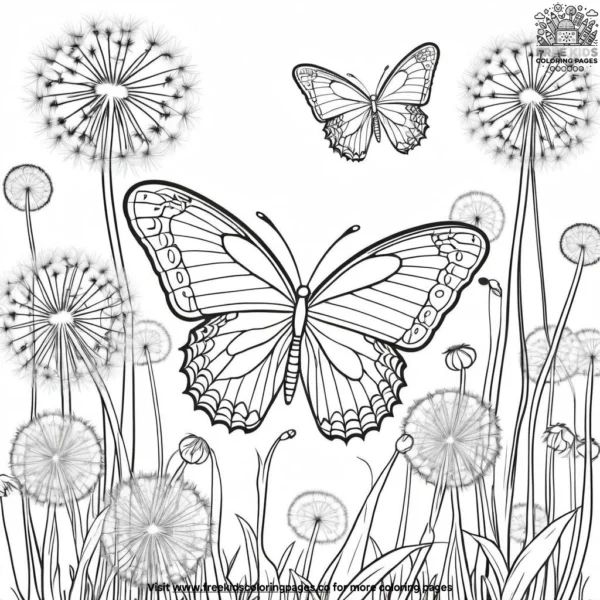 Butterfly among dandelions coloring pages